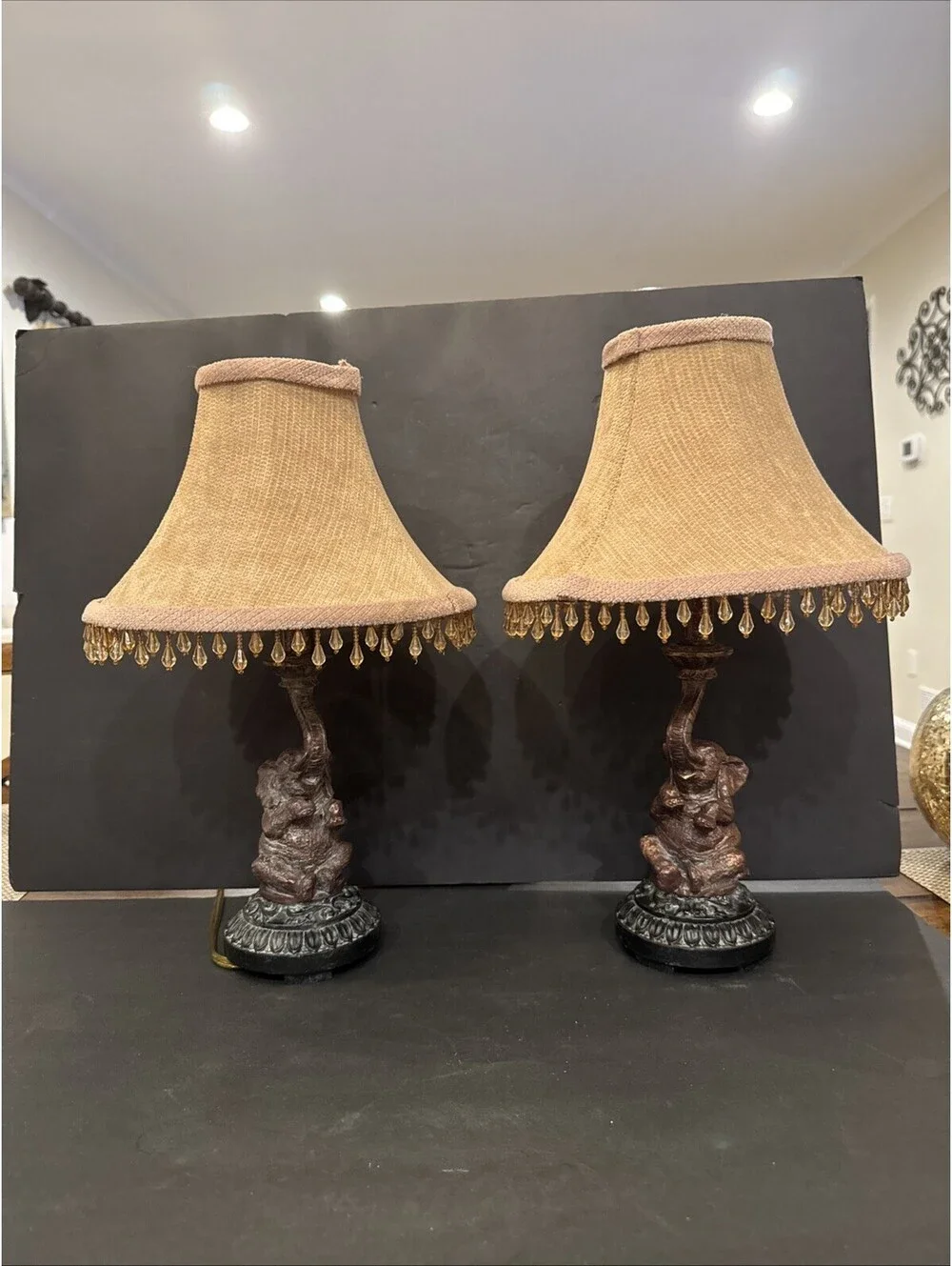 Pair of Elephant Table Lamps with Beaded Chenille Bell Shades Good Luck 17”